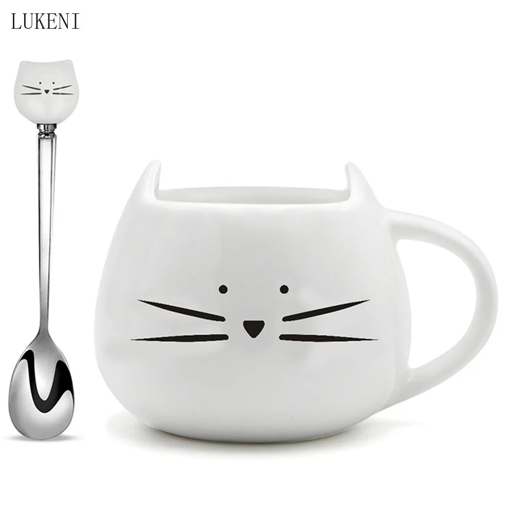 Tazas de cerámica con dibujos de gatos, 420 ml, para café, té, leche, color blanco y negro, con cuchara, regalo