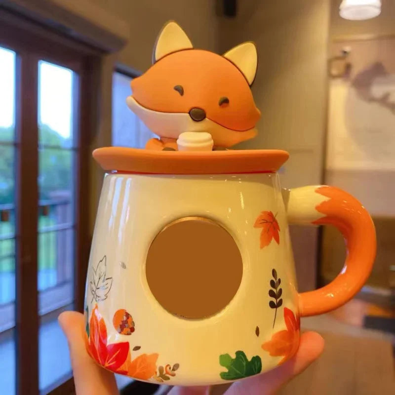 Nueva taza de cerámica con diseño de hojas de arce y bosque de otoño, conejo, zorro, ardilla y bellota, juego de tazas de café con tapa, taza de otoño