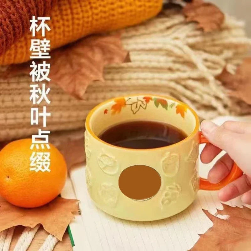 Nueva taza de cerámica con diseño de hojas de arce y bosque de otoño, conejo, zorro, ardilla y bellota, juego de tazas de café con tapa, taza de otoño