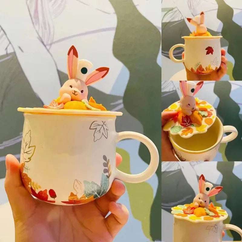 Nueva taza de cerámica con diseño de hojas de arce y bosque de otoño, conejo, zorro, ardilla y bellota, juego de tazas de café con tapa, taza de otoño