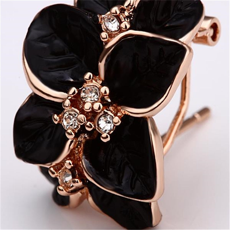 Rose Flower Enamel Set Gold Color Black Painting Bridal Jewelry