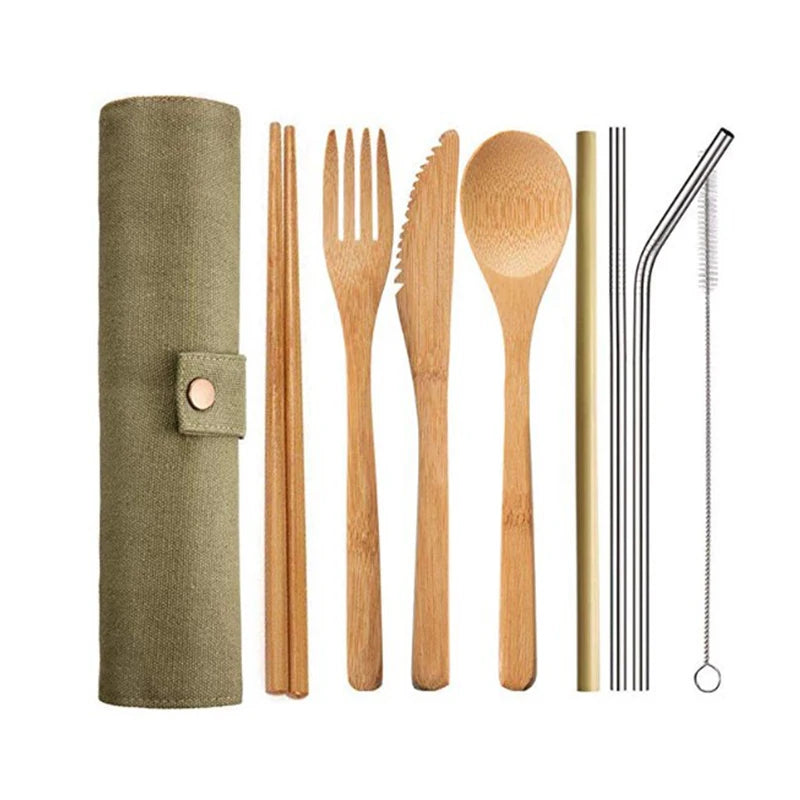 Bamboo Cutlery Set with Cutlery Bag Reusable Wooden Cutlery Fork Spoon Knife Set Tableware Nature bamboo Travel eco friendly