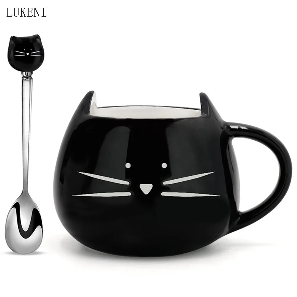 Tazas de cerámica con dibujos de gatos, 420 ml, para café, té, leche, color blanco y negro, con cuchara, regalo