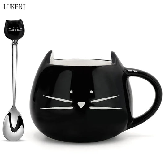 Ceramic Cute Cartoons Cat Mugs 420ml coffee cup Tea Milk Mug  black White With spoon Gift