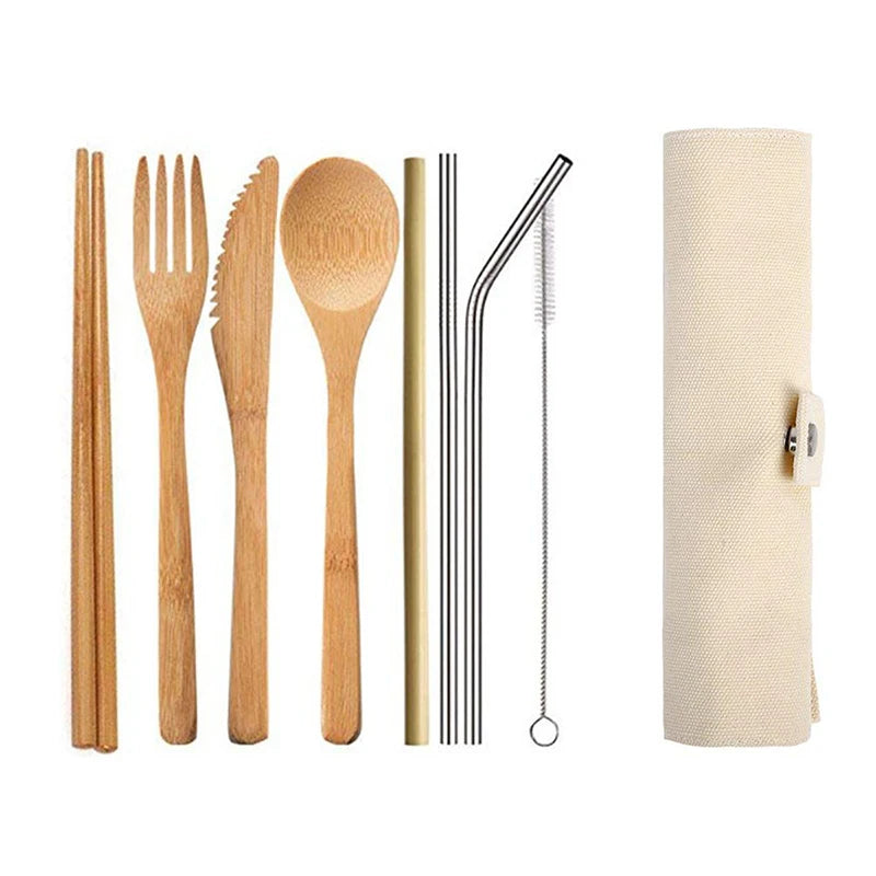 Bamboo Cutlery Set with Cutlery Bag Reusable Wooden Cutlery Fork Spoon Knife Set Tableware Nature bamboo Travel eco friendly