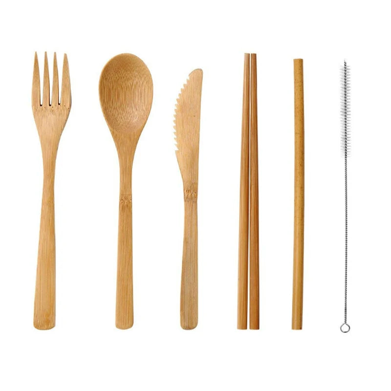 Bamboo Cutlery Set with Cutlery Bag Reusable Wooden Cutlery Fork Spoon Knife Set Tableware Nature bamboo Travel eco friendly