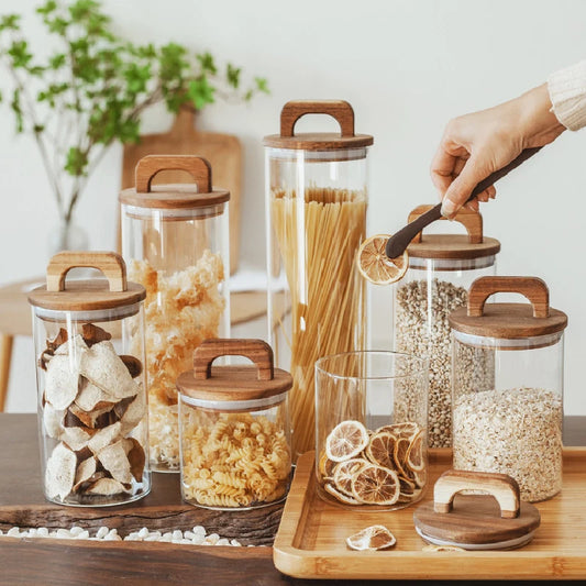 Kitchen Glass Storage Jar Transparent Sealed Jar Large-capacity Wooden Lid Coffee Bean Glass Bottle Portable Glass Container