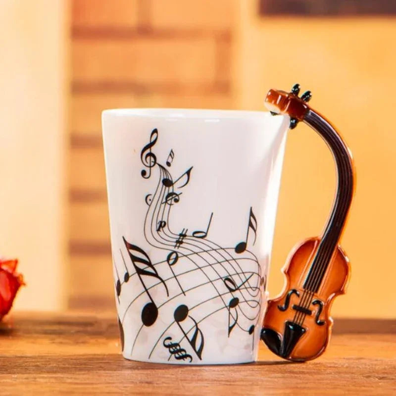 1 taza de cerámica musical de 240 ml, estilo guitarra, violín, lindas tazas de café con asa, regalos novedosos para amantes de la música, regalo de cumpleaños para niños