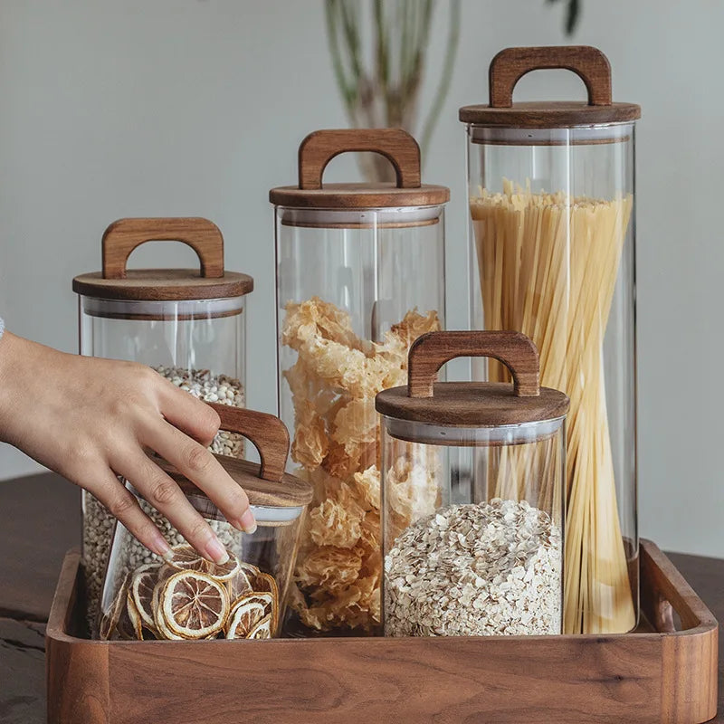 Kitchen Glass Storage Jar Transparent Sealed Jar Large-capacity Wooden Lid Coffee Bean Glass Bottle Portable Glass Container