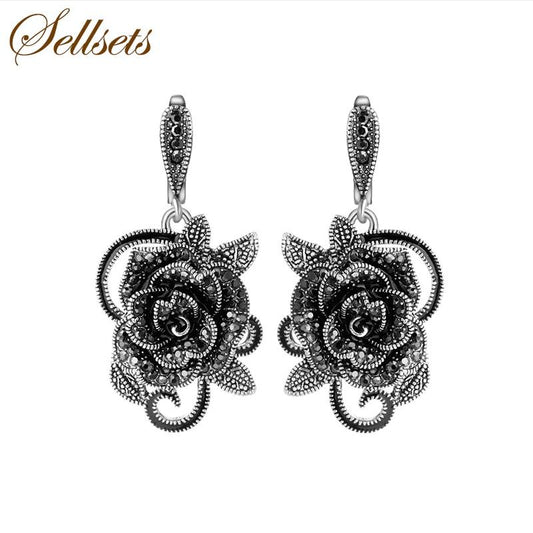 Vintage Flower Drop Earrings With Full Black Crystal Rhinestone For Lady