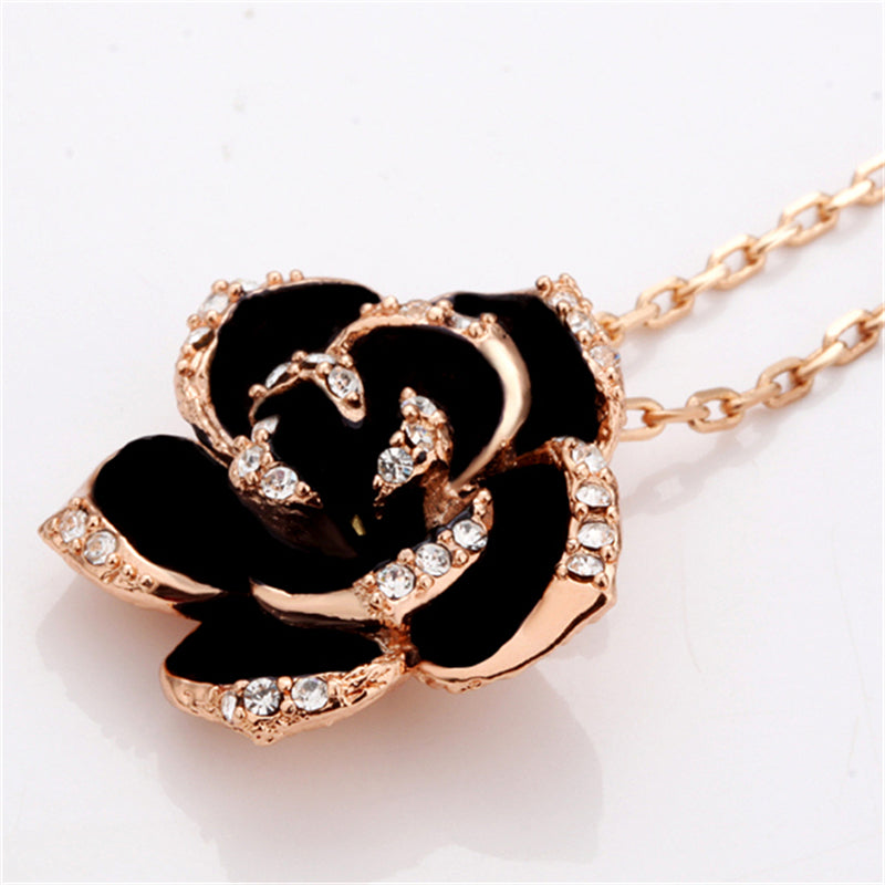 Rose Flower Enamel Set Gold Color Black Painting Bridal Jewelry