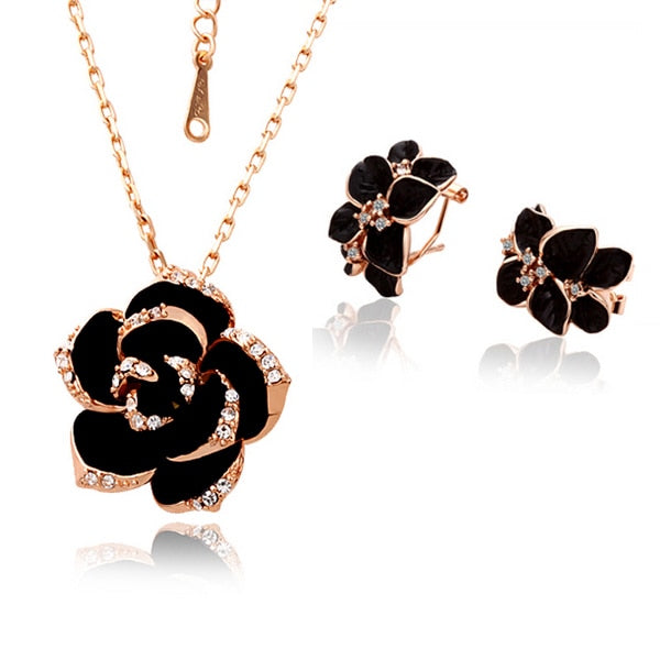 Rose Flower Enamel Set Gold Color Black Painting Bridal Jewelry